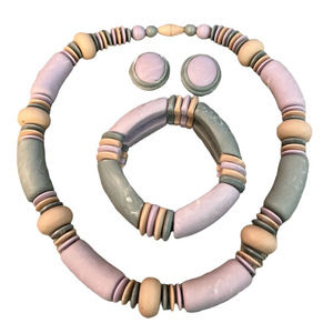Vintage Retro 80s 90s Muted Pastel Chunky Necklace Bracelet and Earrings